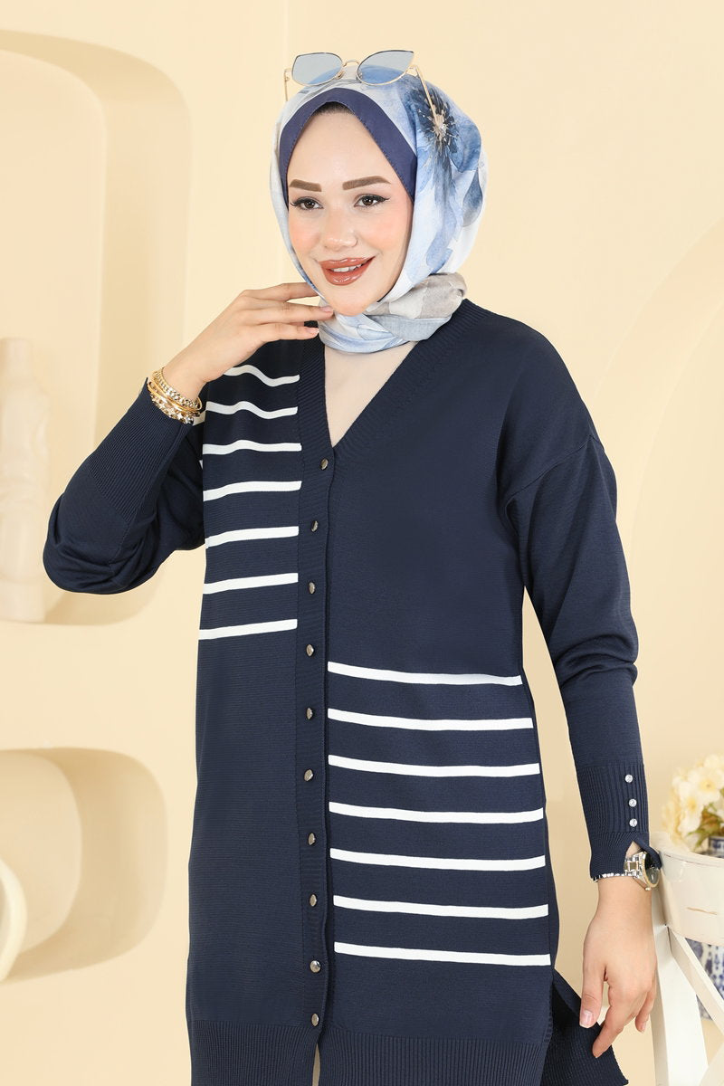 Striped Mercerised Cardigan - Navy