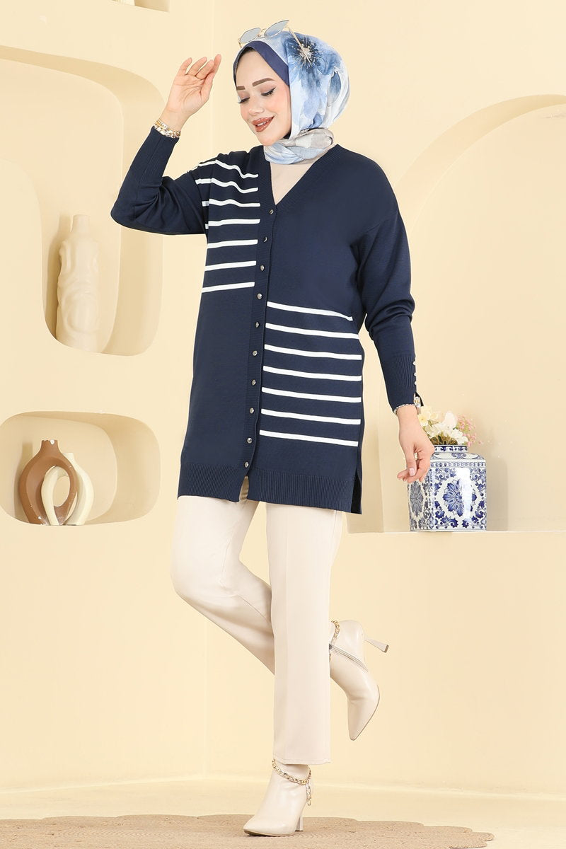 Striped Mercerised Cardigan - Navy