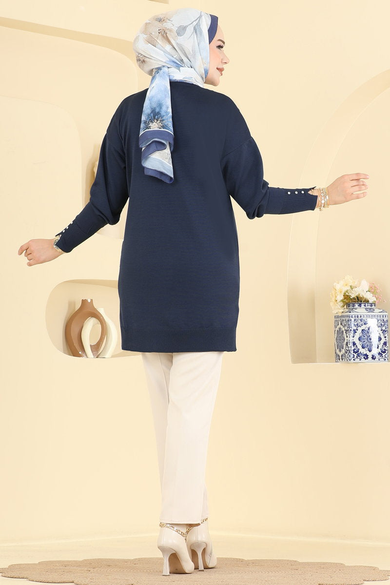 Striped Mercerised Cardigan - Navy