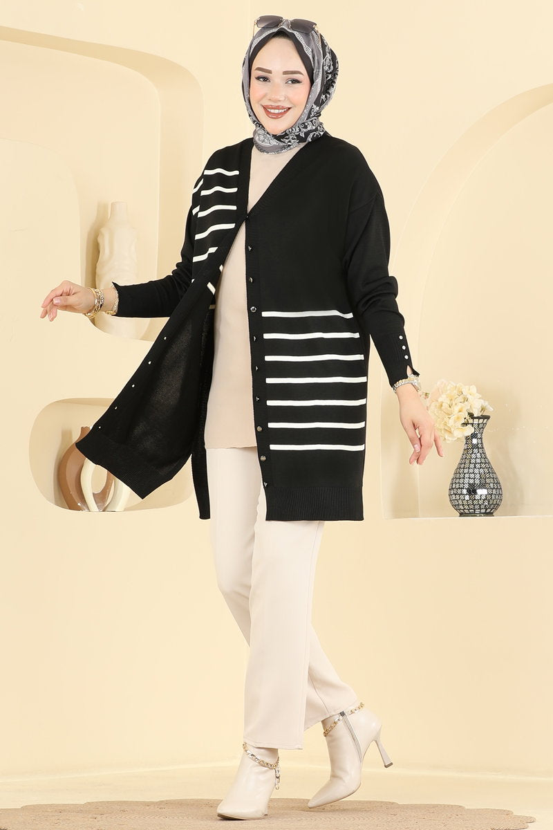 Striped Mercerised Cardigan - Black
