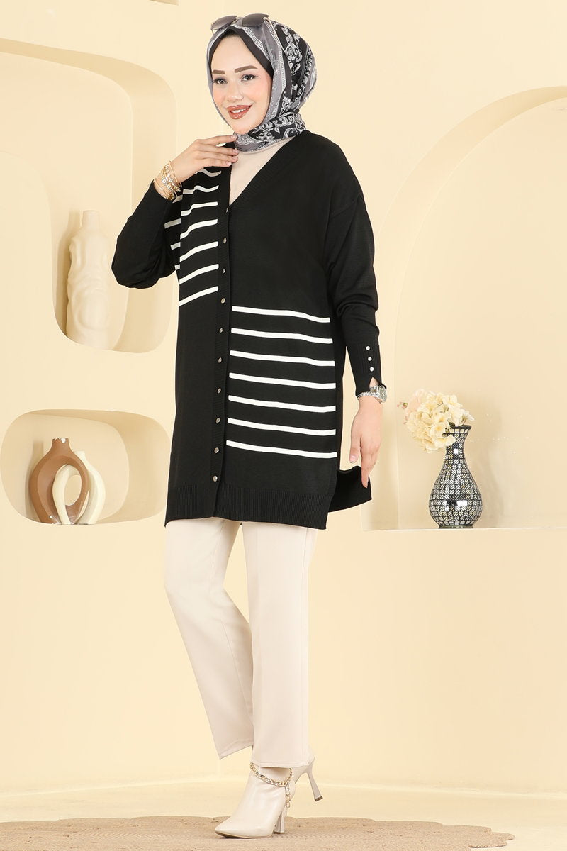 Striped Mercerised Cardigan - Black