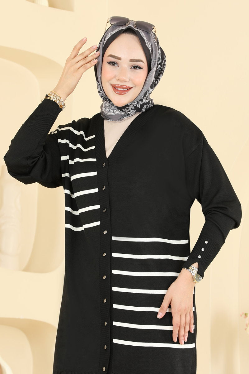 Striped Mercerised Cardigan - Black