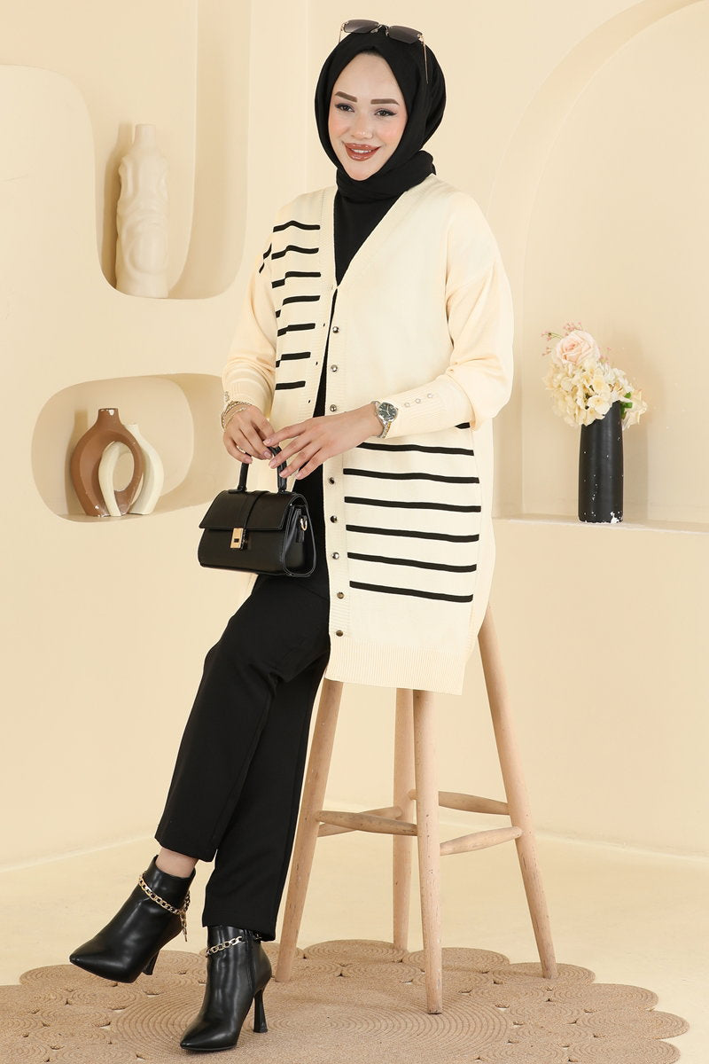 Striped Mercerised Cardigan - Stone