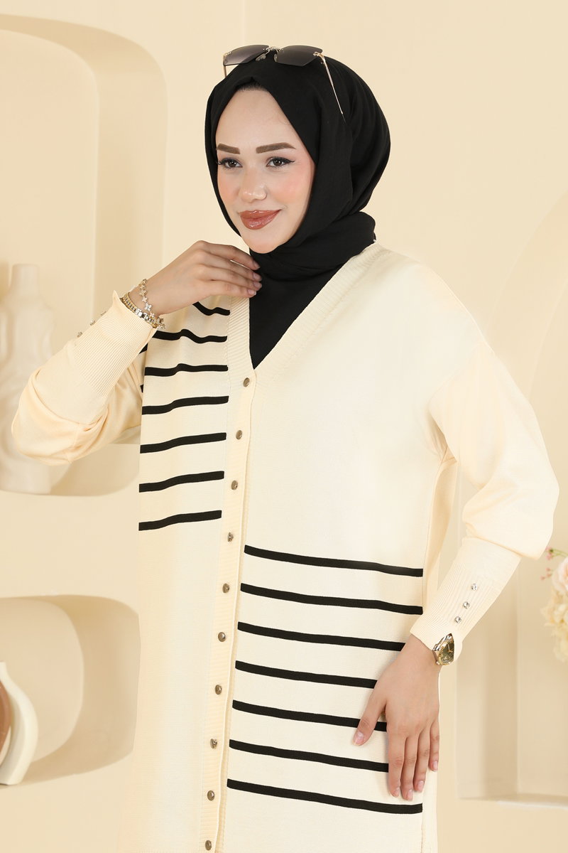 Striped Mercerised Cardigan - Stone