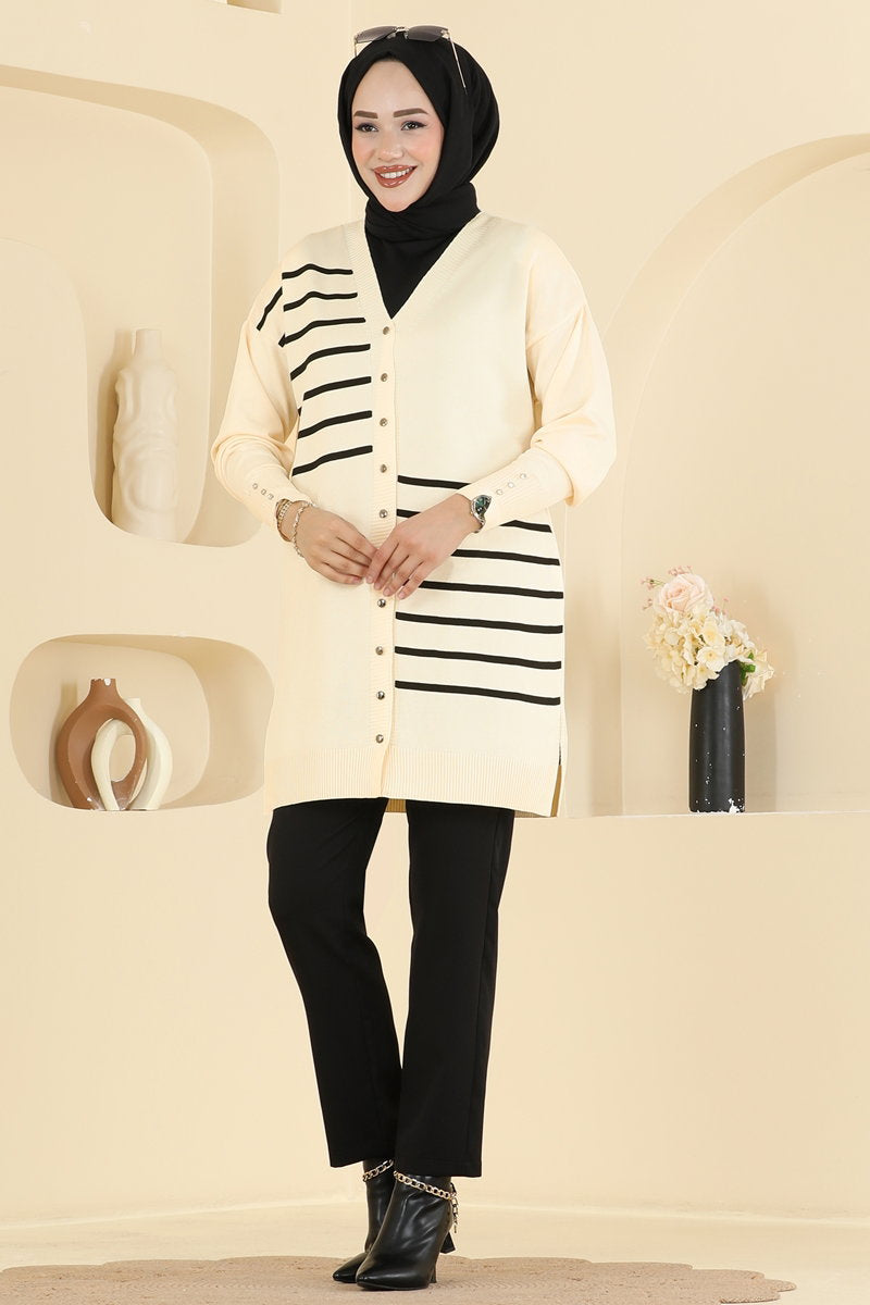 Striped Mercerised Cardigan - Stone