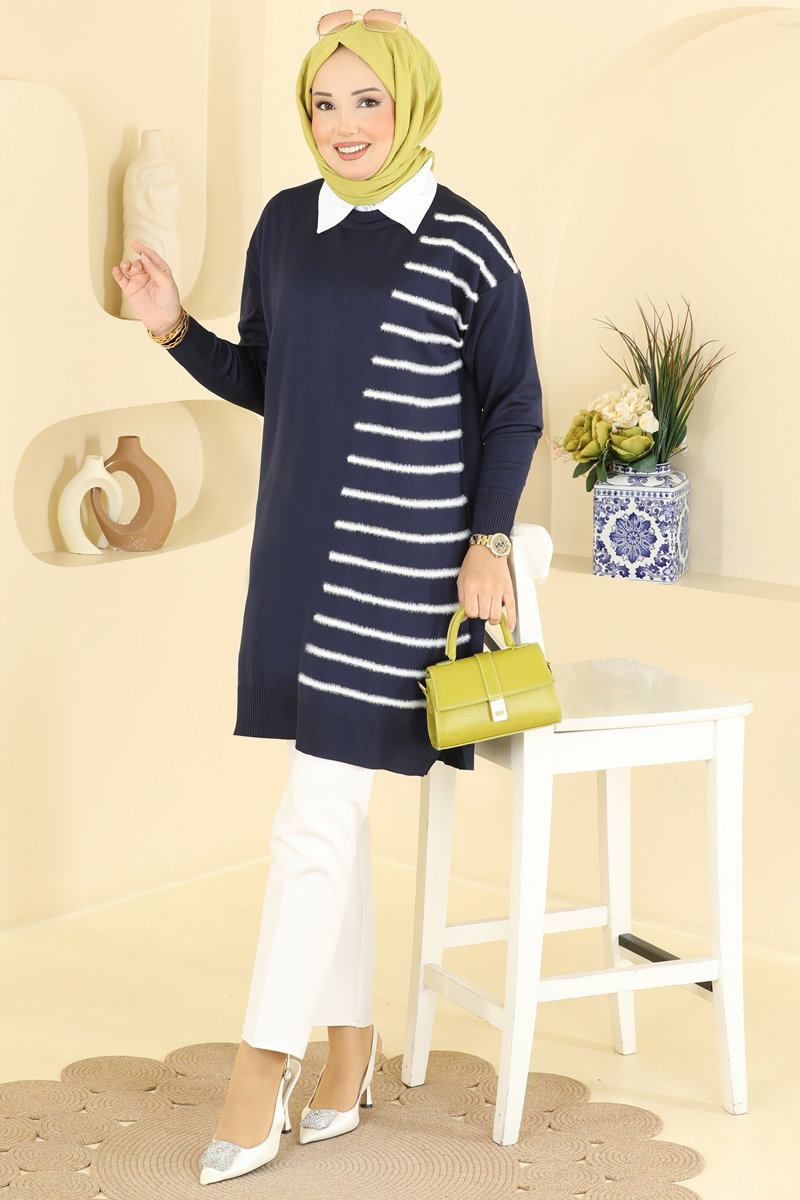 Mercerised Tunic with Line Detail - Navy
