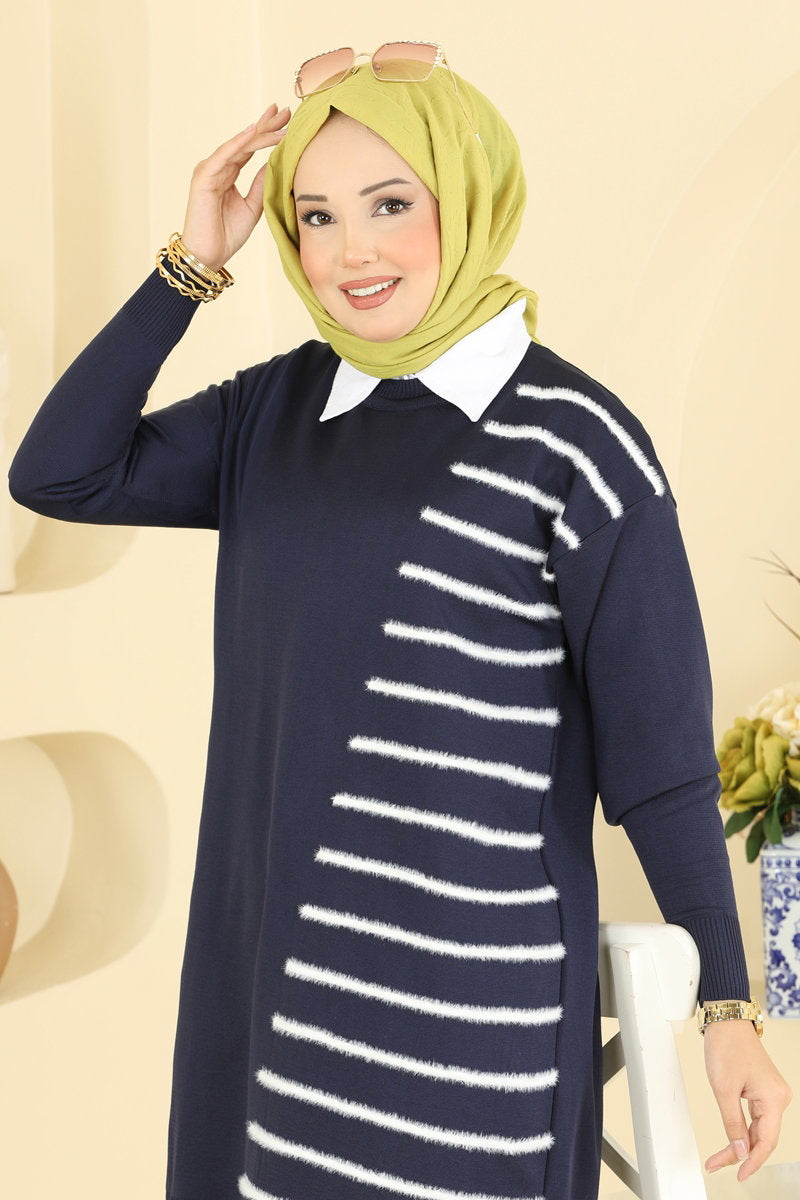 Mercerised Tunic with Line Detail - Navy