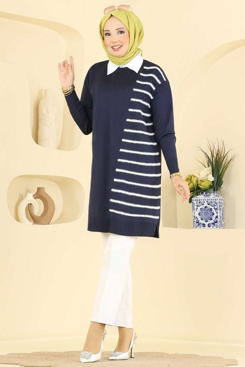Mercerised Tunic with Line Detail - Navy