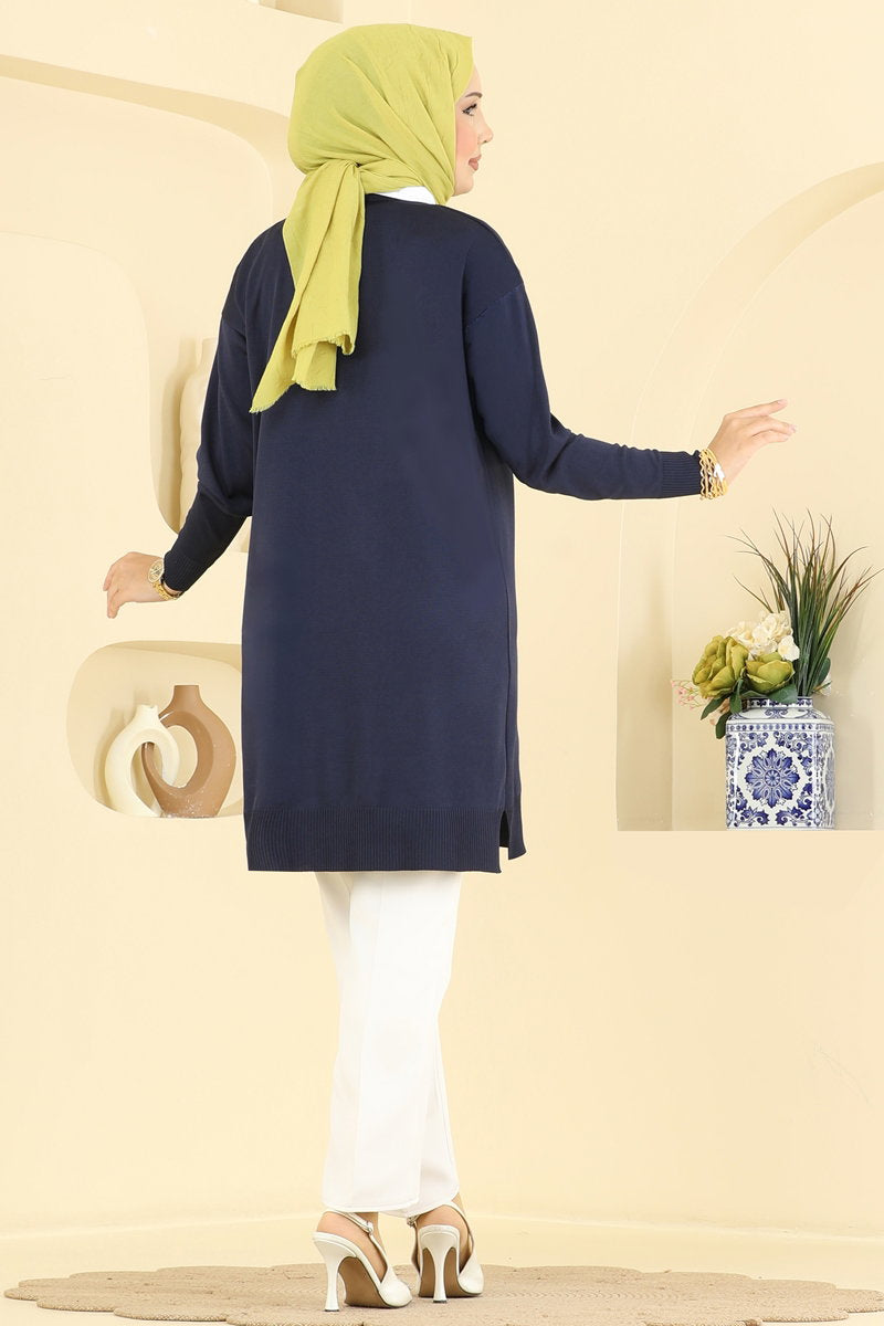 Mercerised Tunic with Line Detail - Navy