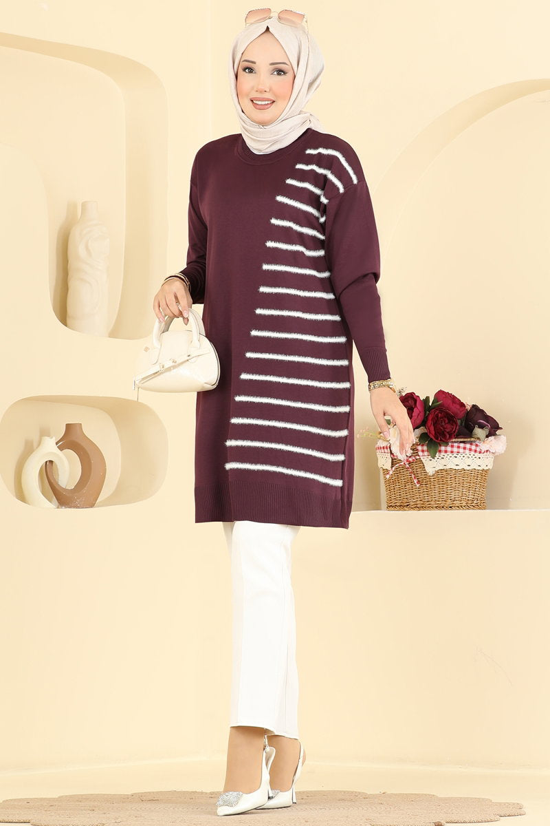 Mercerised Tunic with Line Detail - Plum