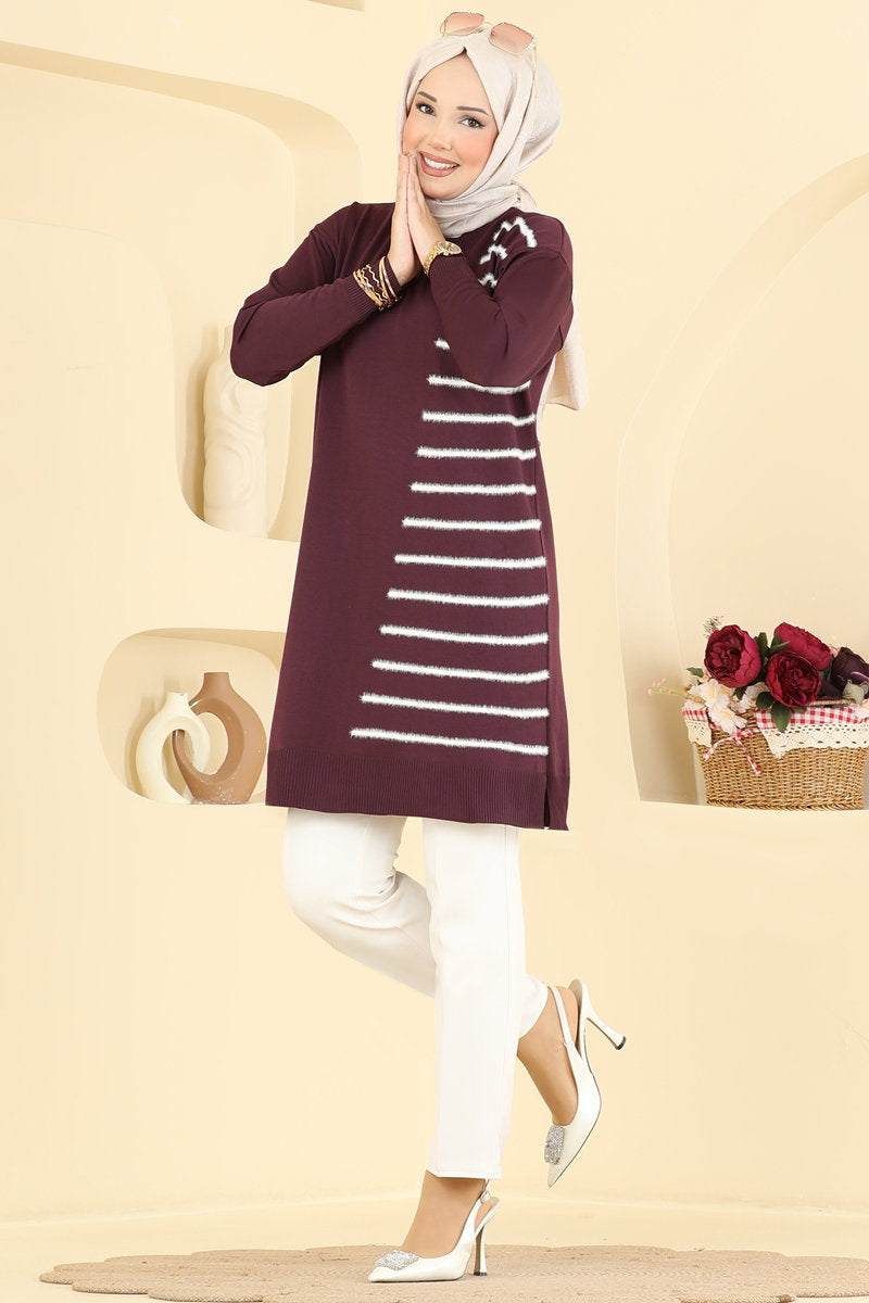 Mercerised Tunic with Line Detail - Plum