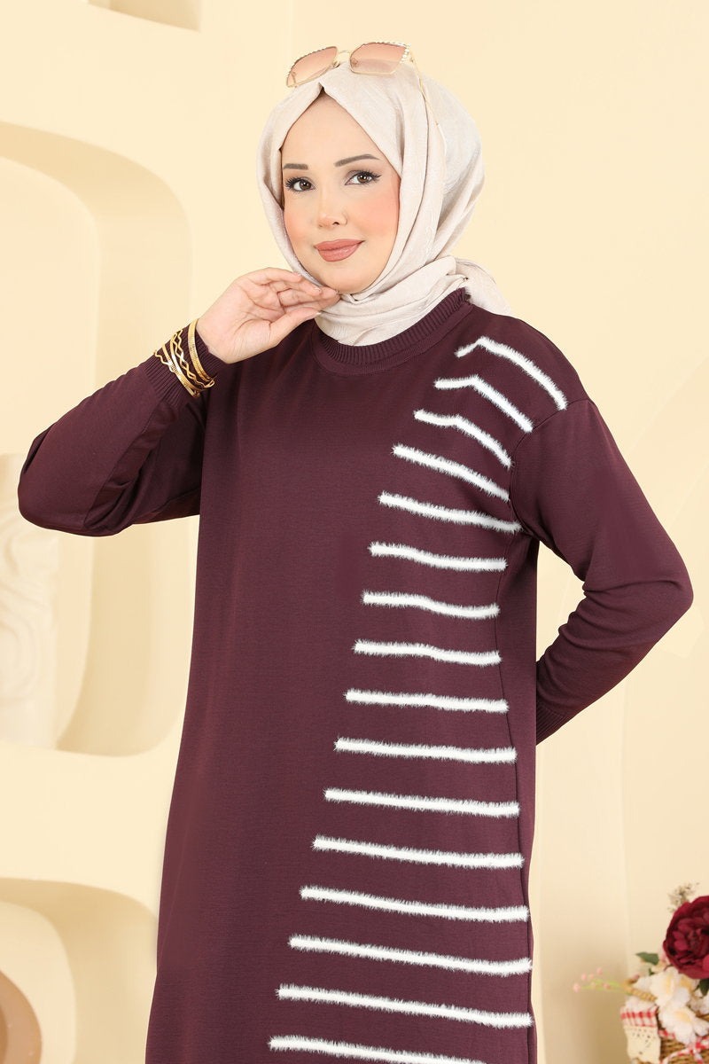 Mercerised Tunic with Line Detail - Plum