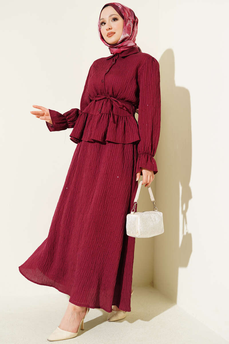 Sequin Skirt Set with Stripe Stitching - Burgundy