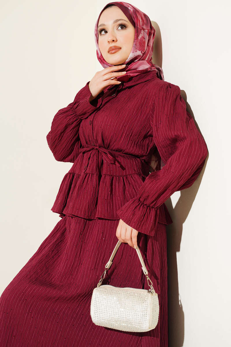 Sequin Skirt Set with Stripe Stitching - Burgundy