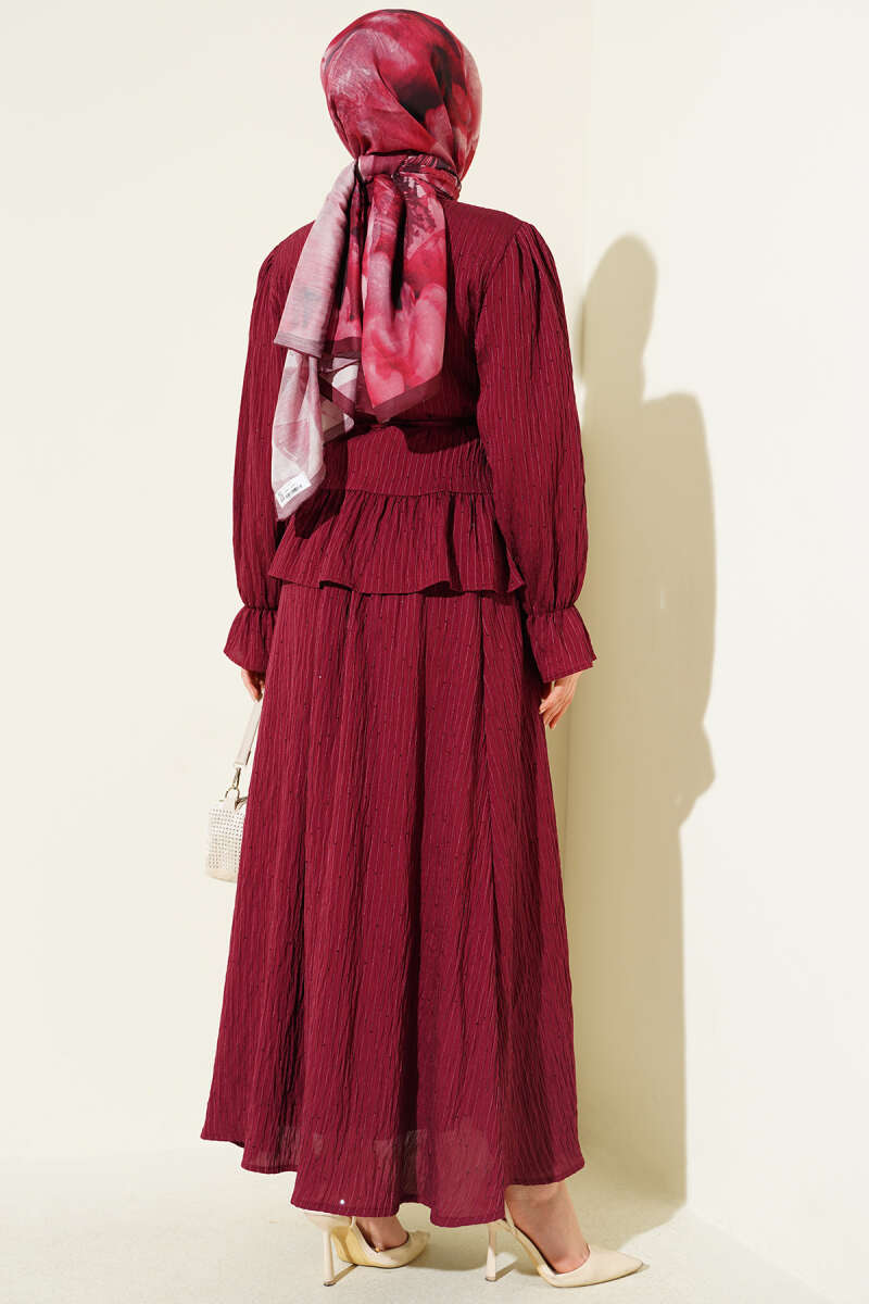 Sequin Skirt Set with Stripe Stitching - Burgundy