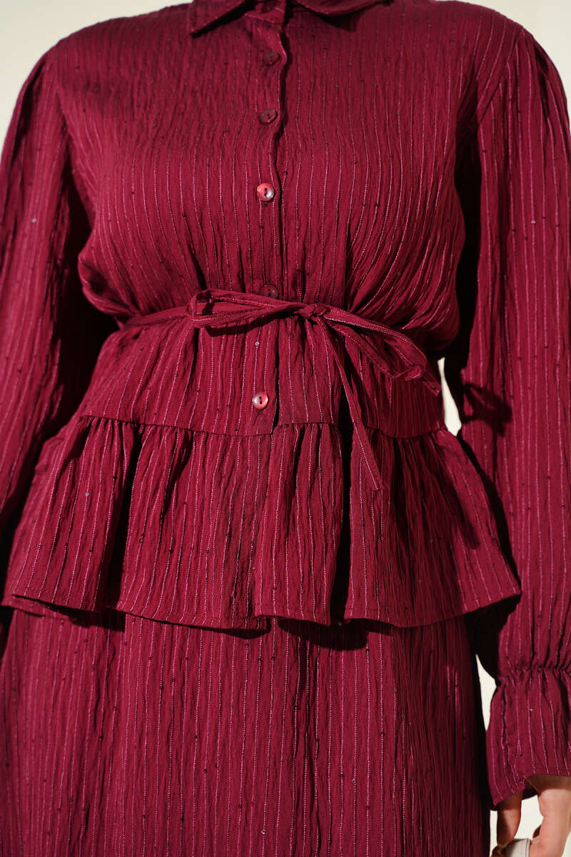 Sequin Skirt Set with Stripe Stitching - Burgundy