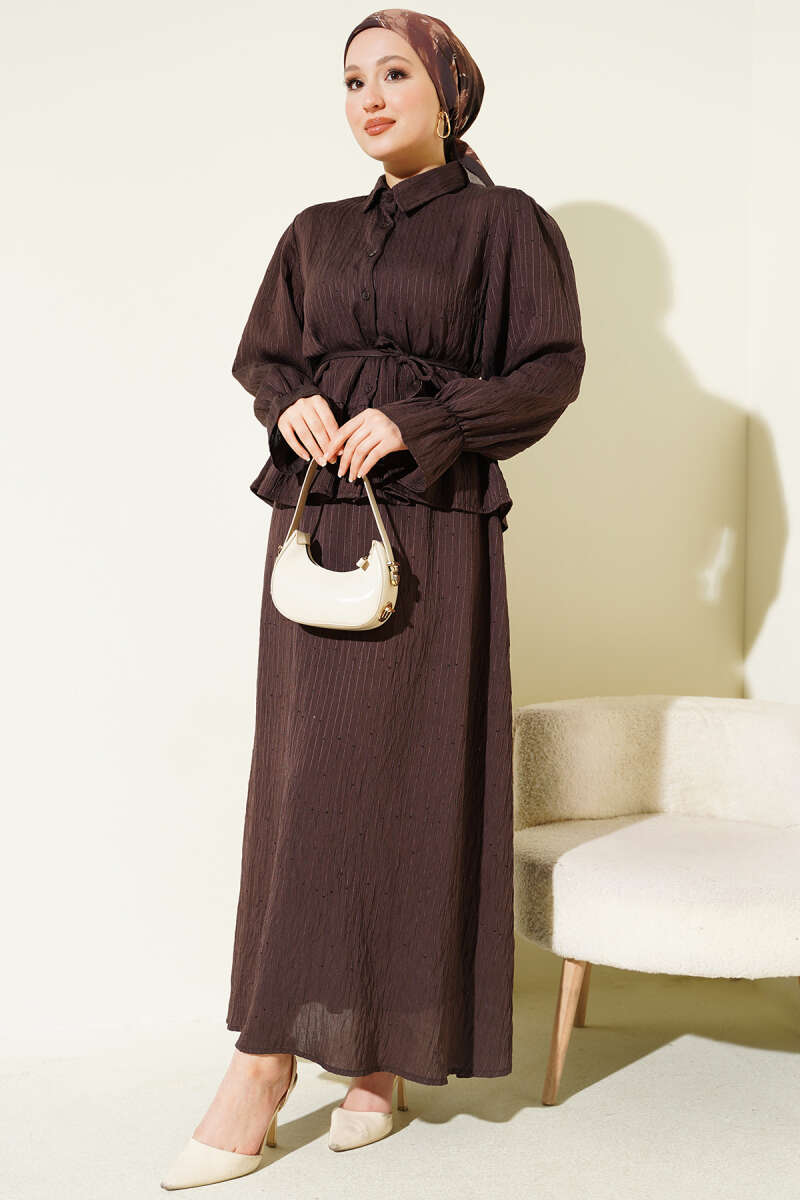 Sequin Skirt Set with Stripe Stitching - Brown