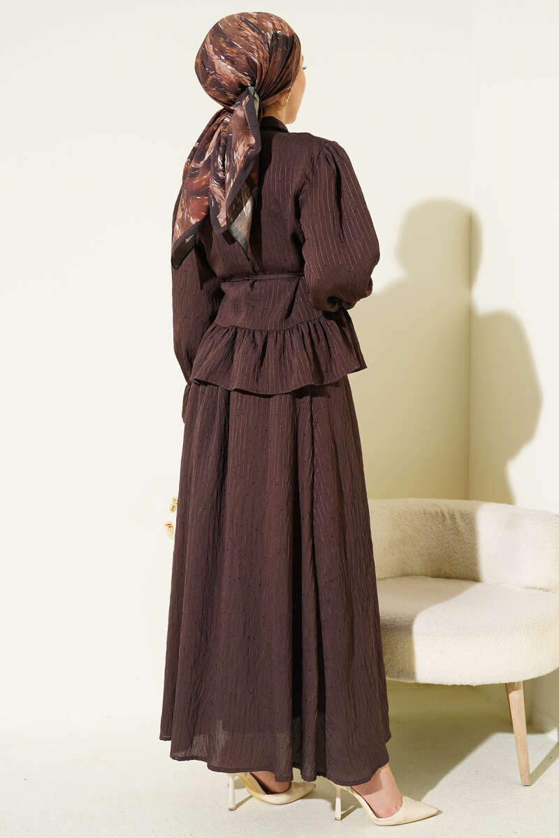 Sequin Skirt Set with Stripe Stitching - Brown
