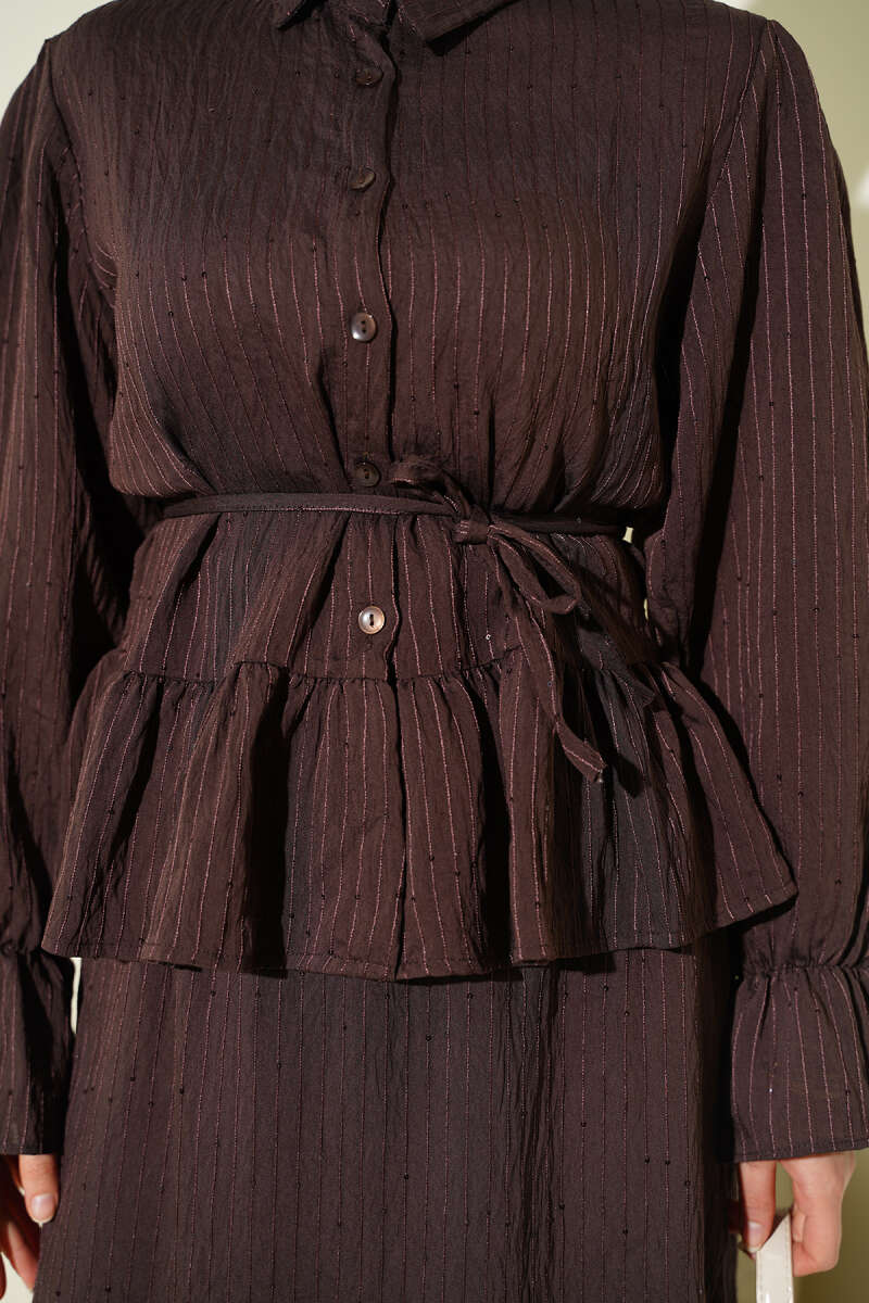 Sequin Skirt Set with Stripe Stitching - Brown