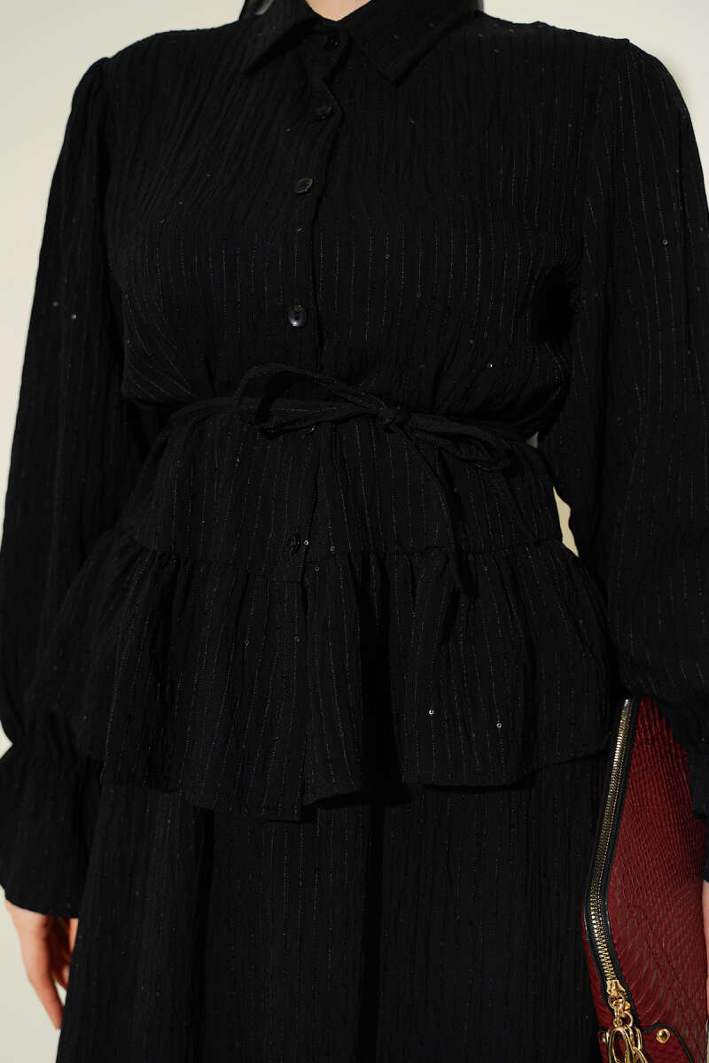 Sequin Skirt Set with Stripe Stitching - Black