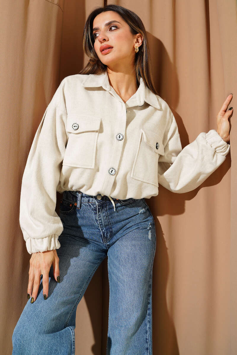 Felt Jacket with Stripe and Button Detail - Stone