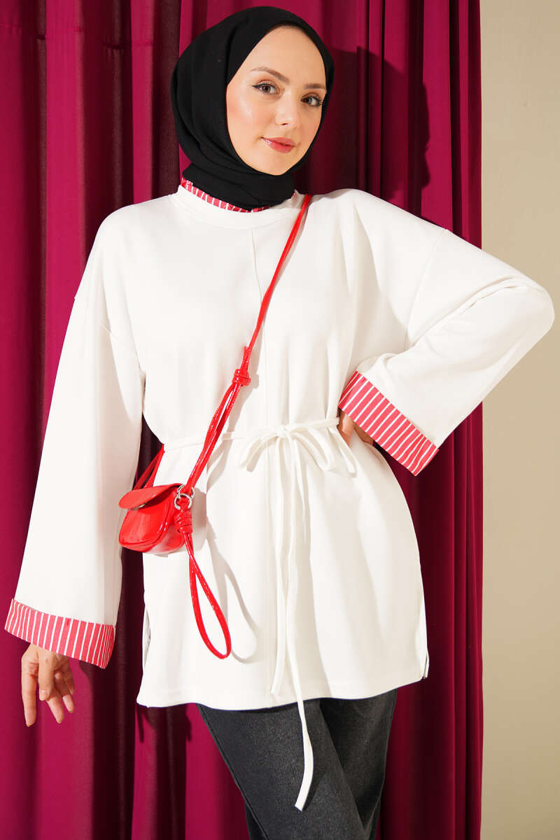 Tunic with Line Trim and Tie Cord - Ecru