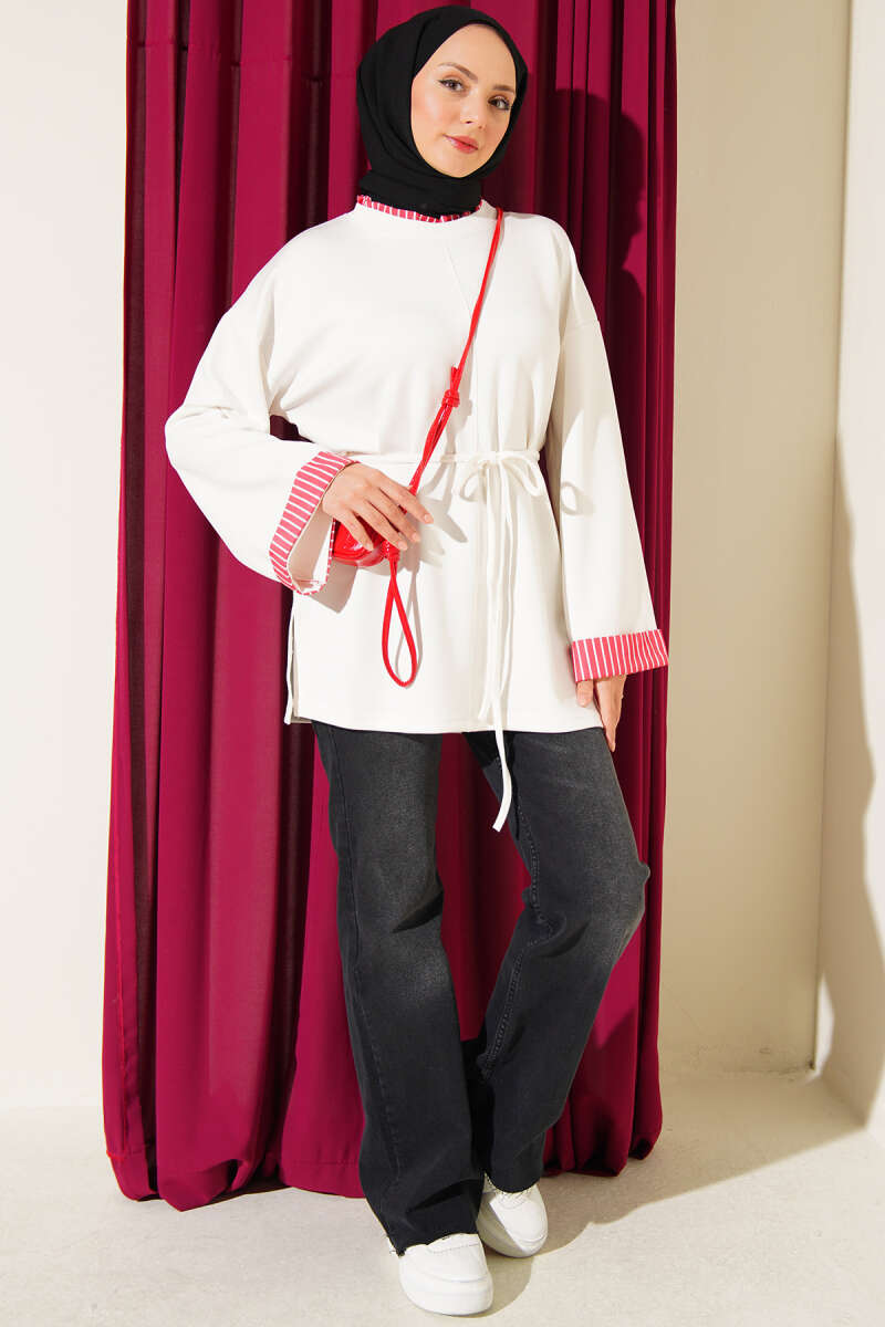 Tunic with Line Trim and Tie Cord - Ecru