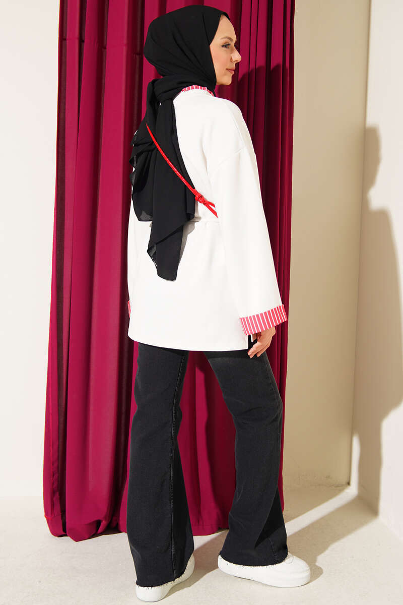 Tunic with Line Trim and Tie Cord - Ecru