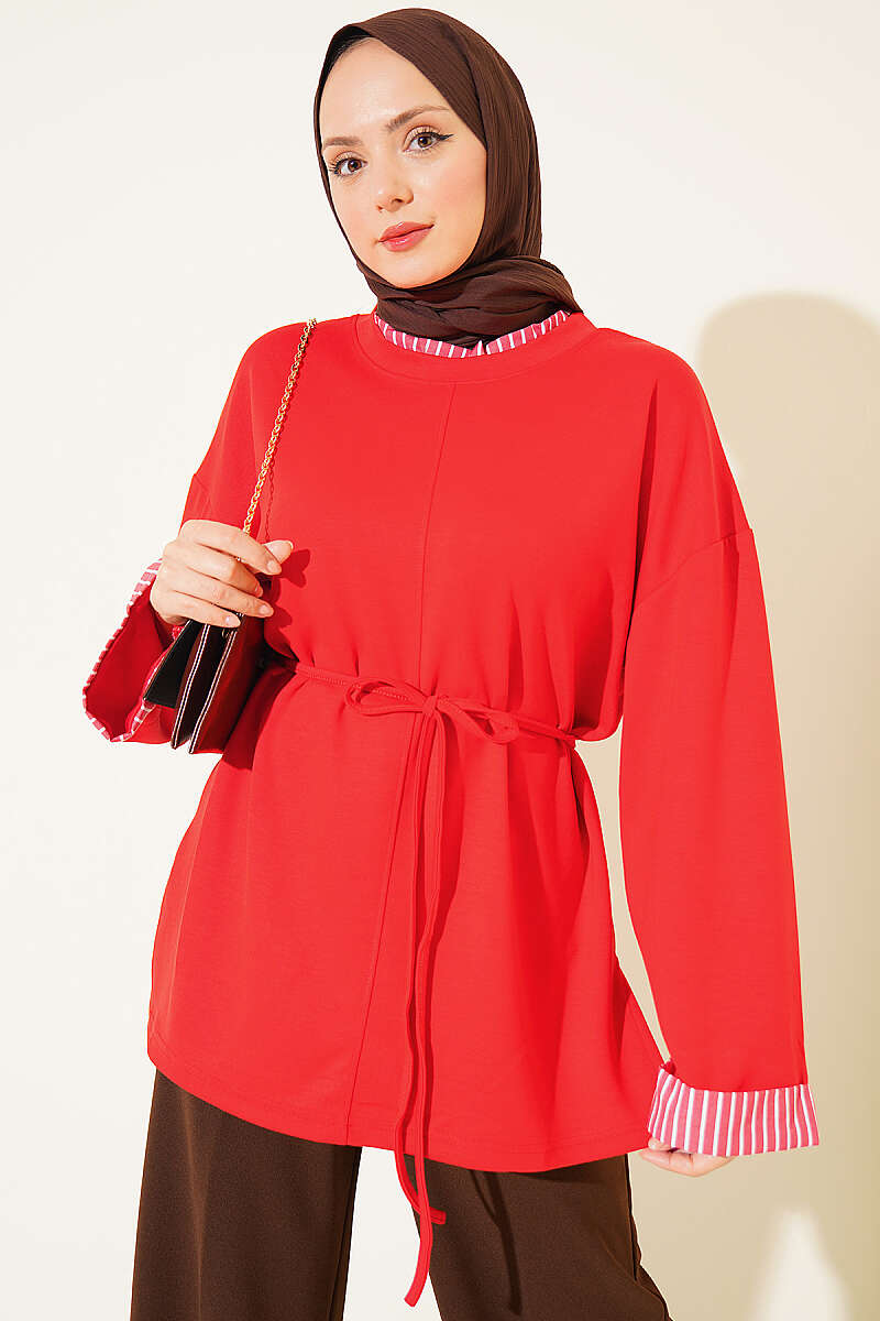 Tunic with Line Trim and Tie Cord - Red