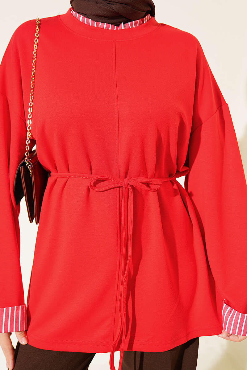 Tunic with Line Trim and Tie Cord - Red