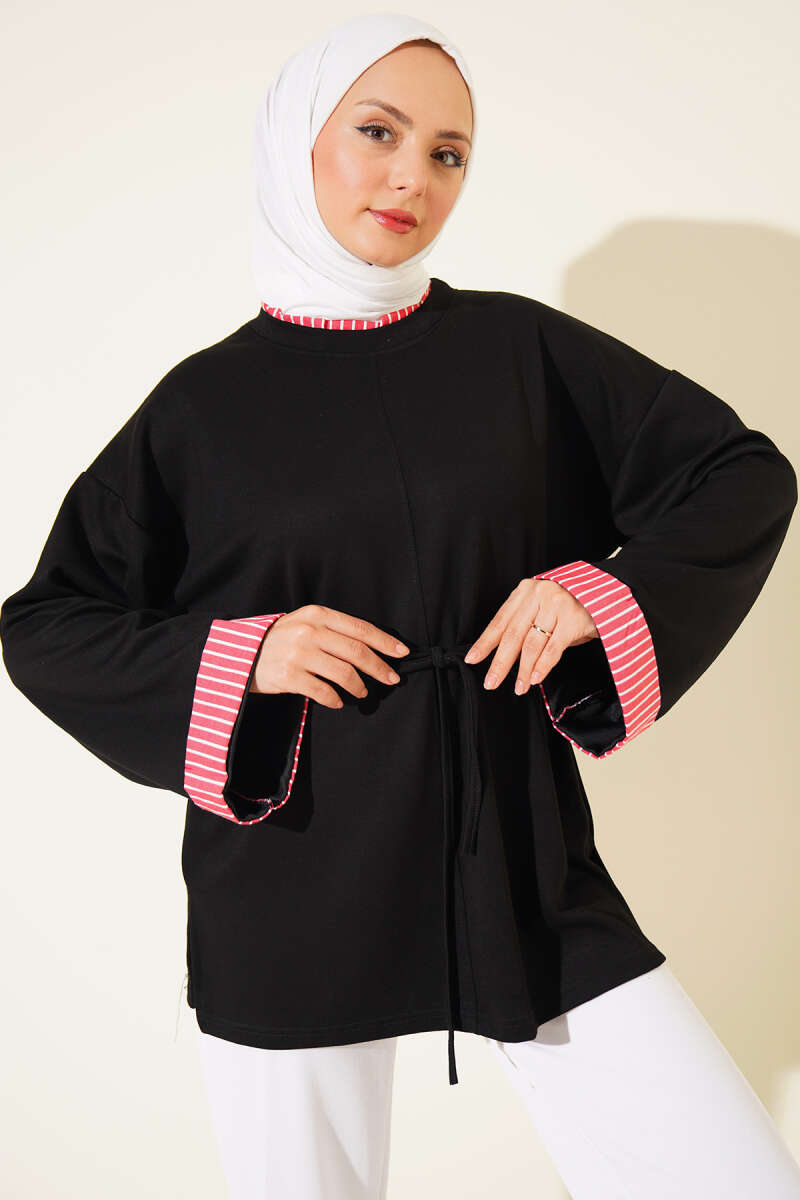 Tunic with Line Trim and Tie Cord - Black