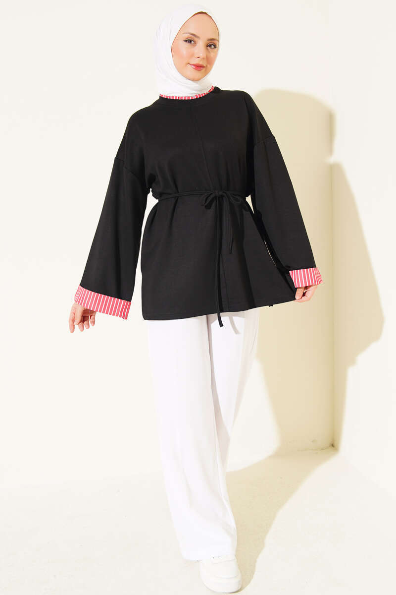 Tunic with Line Trim and Tie Cord - Black