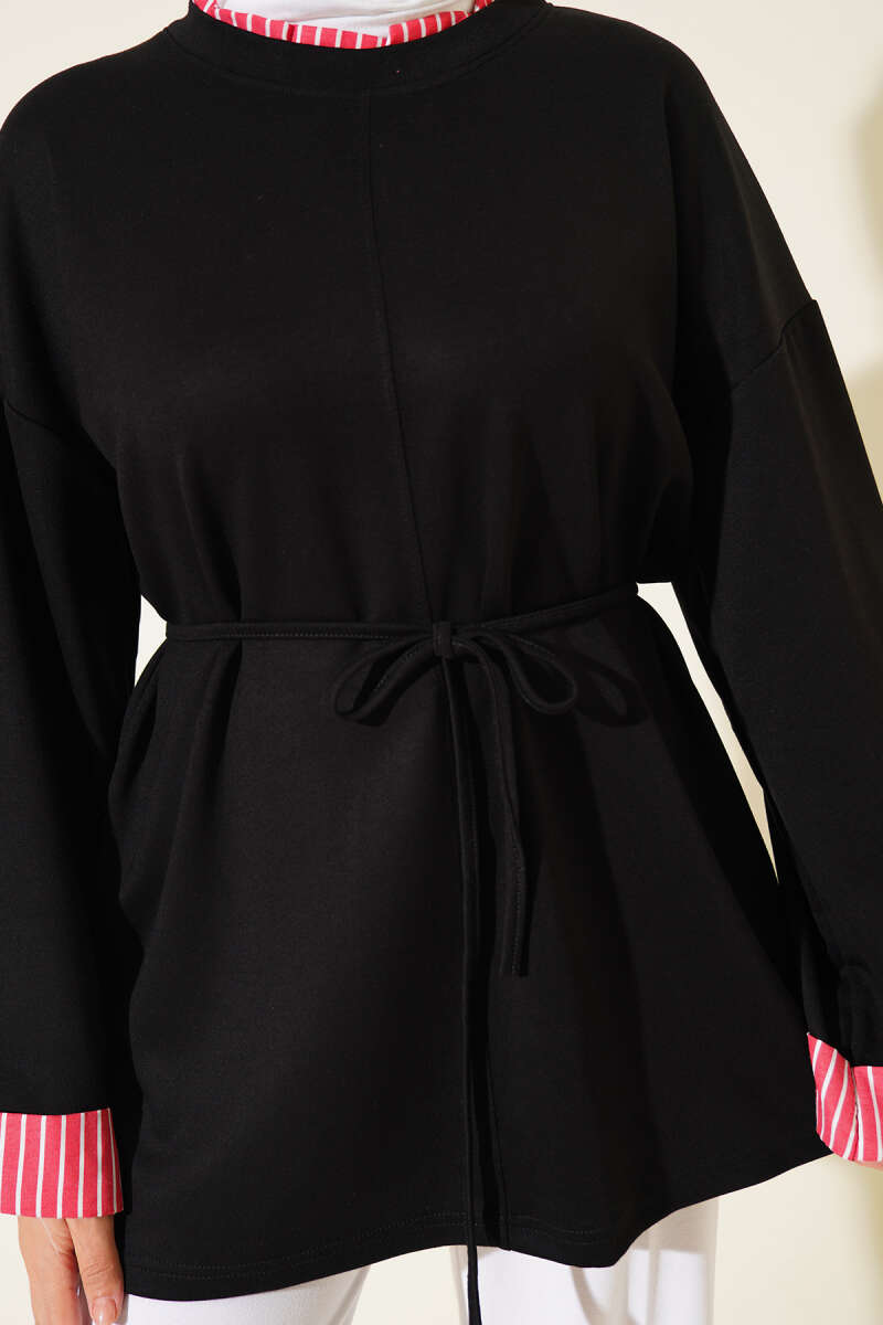 Tunic with Line Trim and Tie Cord - Black