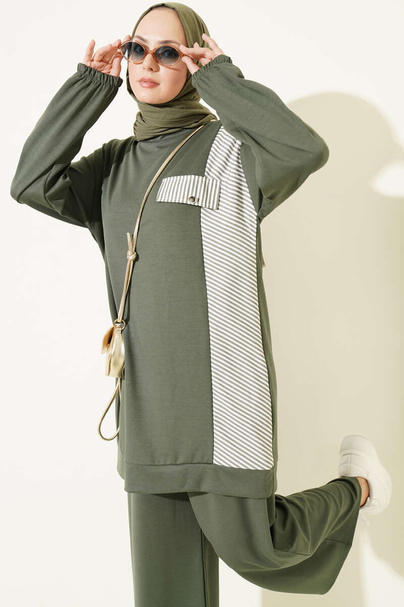 Two-Piece Set with Faux Pockets and Line Trim - Khaki
