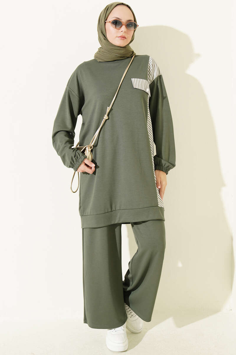 Two-Piece Set with Faux Pockets and Line Trim - Khaki