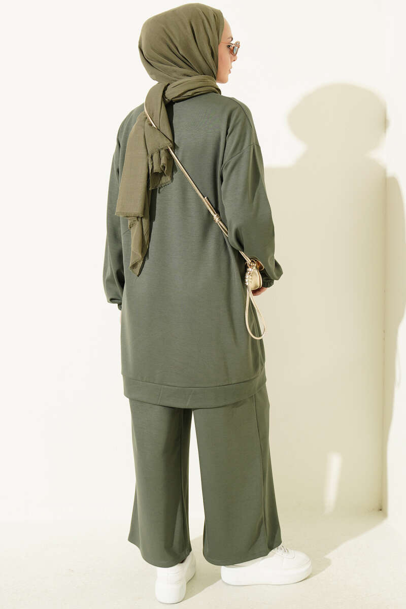 Two-Piece Set with Faux Pockets and Line Trim - Khaki