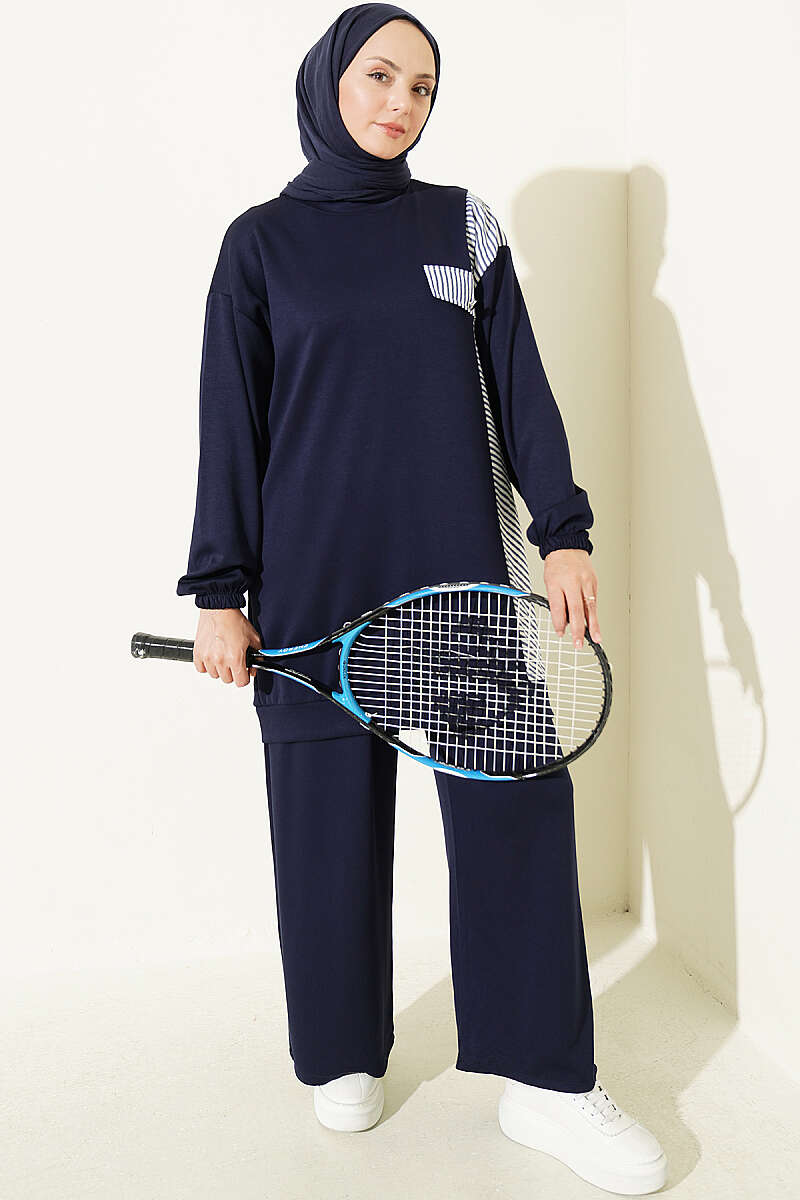 Two-Piece Set with Faux Pockets and Line Trim - Navy