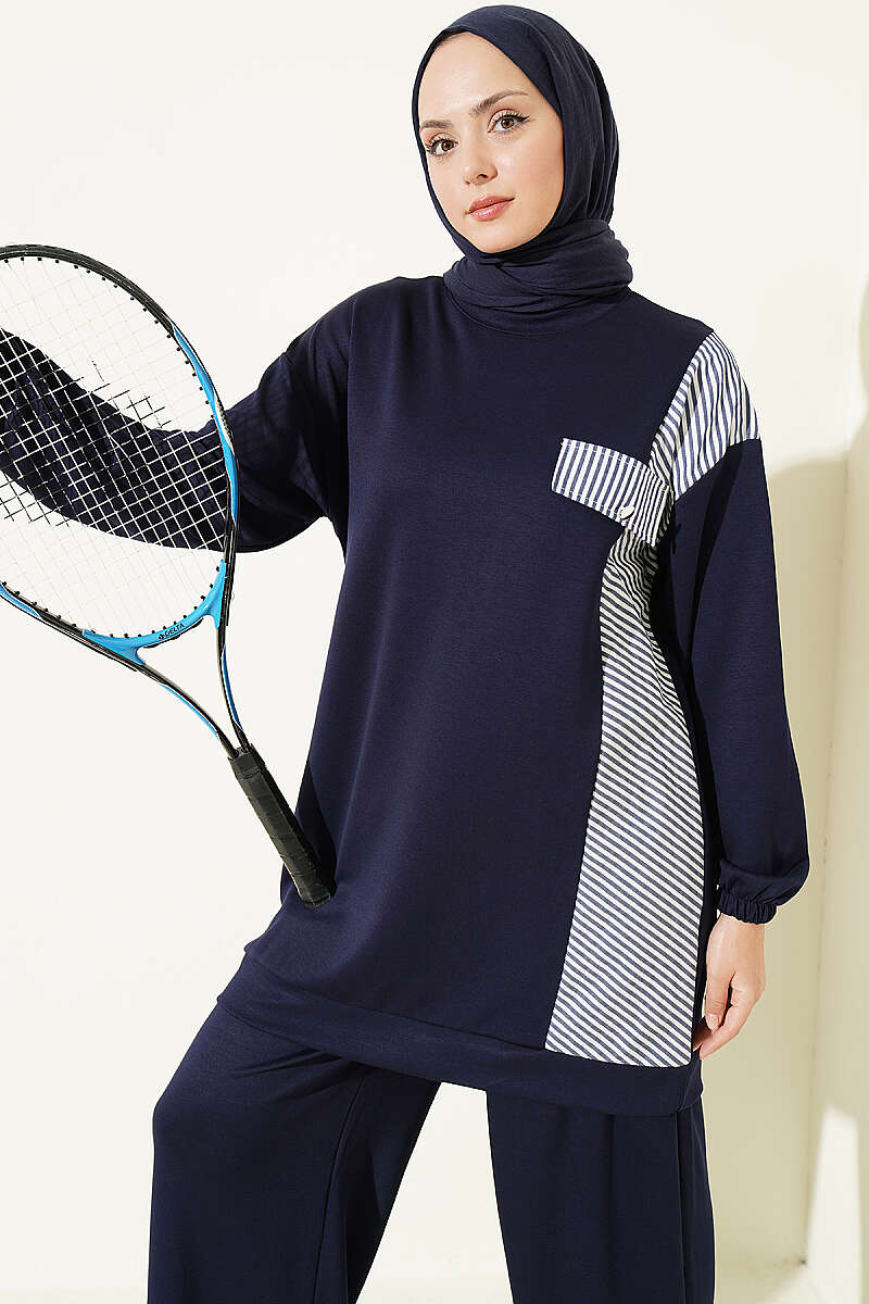 Two-Piece Set with Faux Pockets and Line Trim - Navy