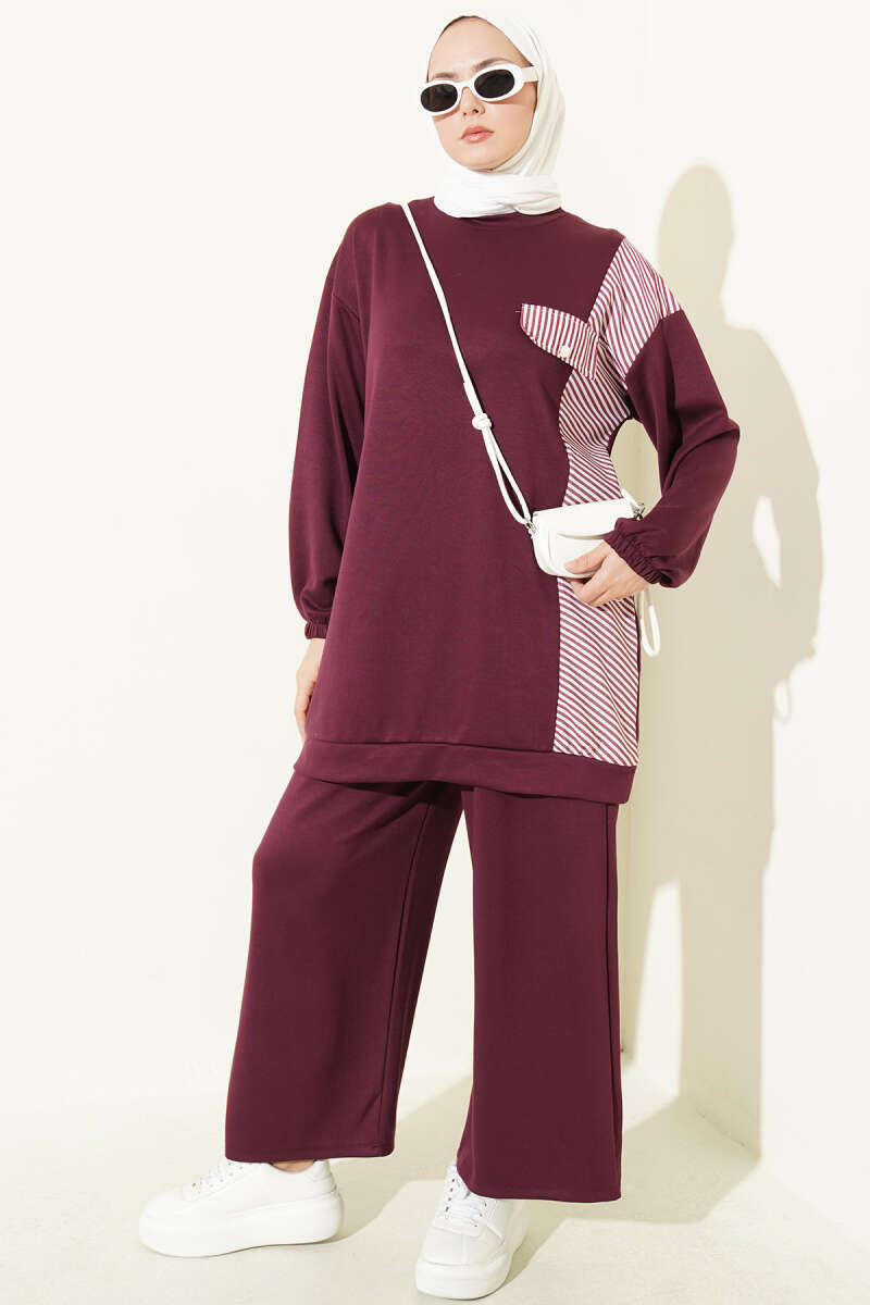 Two-Piece Set with Faux Pockets and Line Trim - Plum