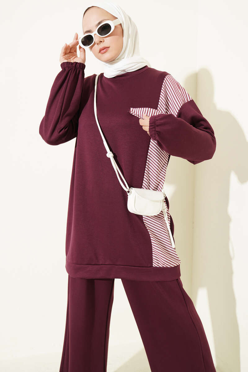 Two-Piece Set with Faux Pockets and Line Trim - Plum