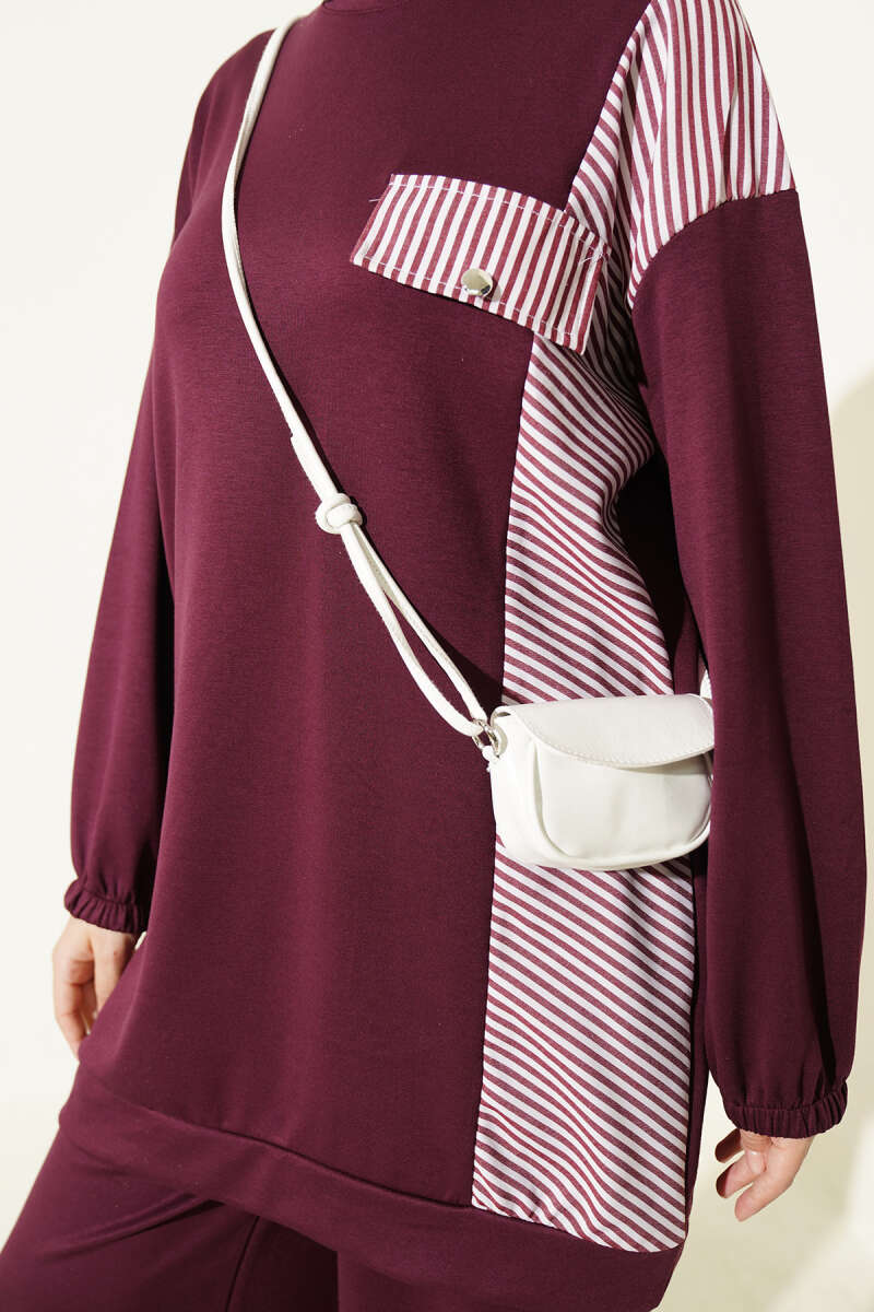 Two-Piece Set with Faux Pockets and Line Trim - Plum
