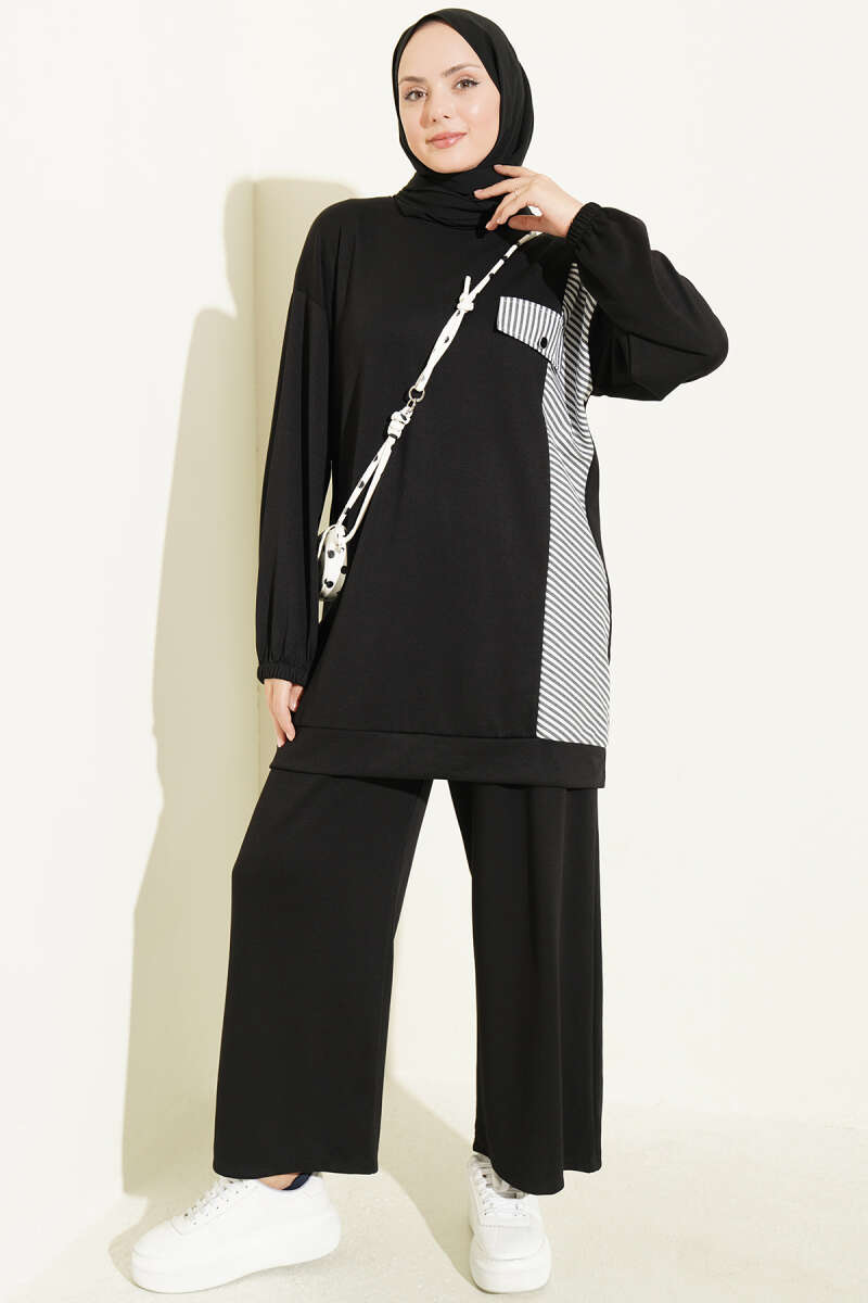 Two-Piece Set with Faux Pockets and Line Trim - Black