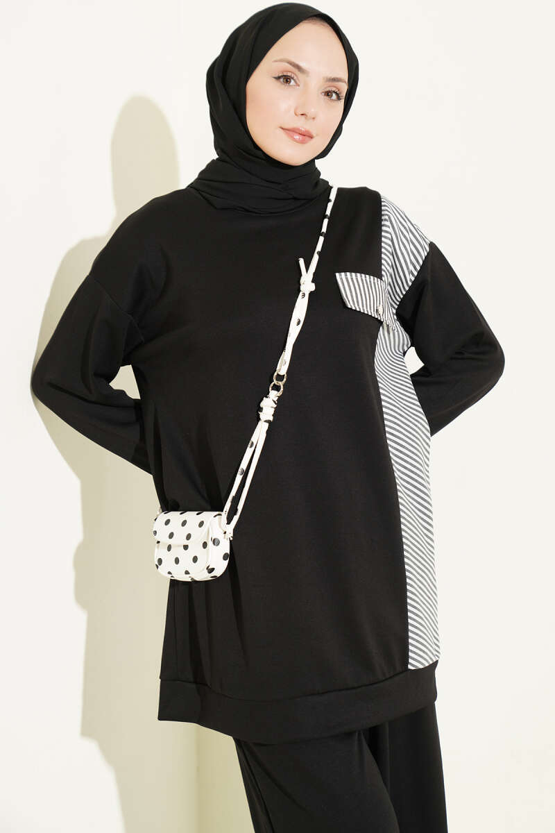 Two-Piece Set with Faux Pockets and Line Trim - Black