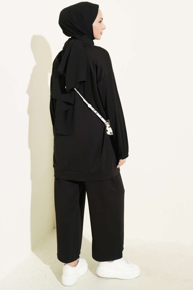 Two-Piece Set with Faux Pockets and Line Trim - Black