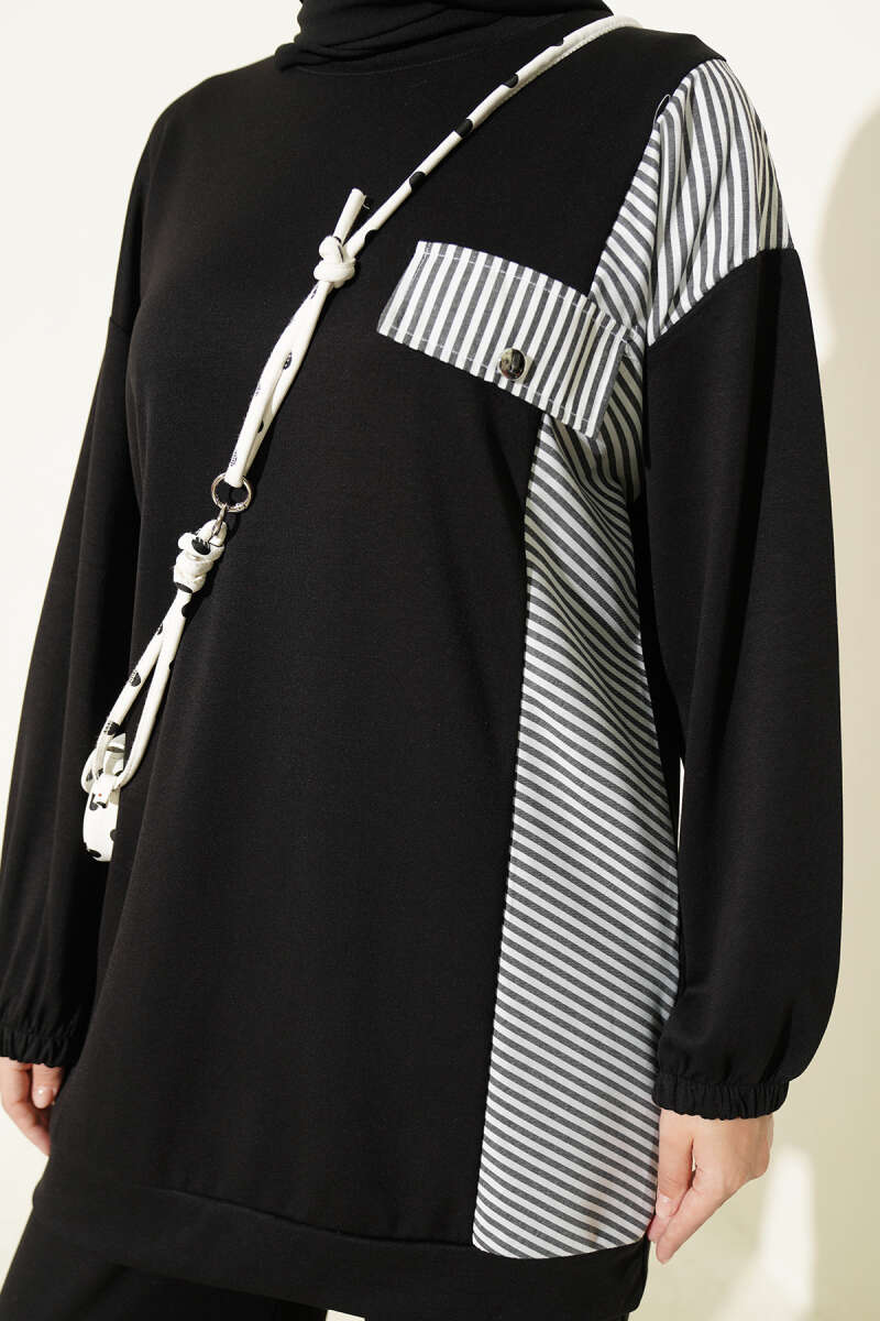 Two-Piece Set with Faux Pockets and Line Trim - Black