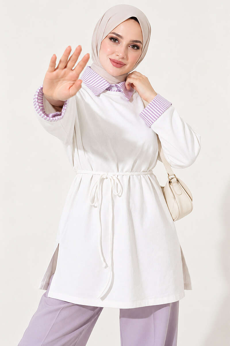 Striped Shirt-Layered Basic Tunic - Ecru