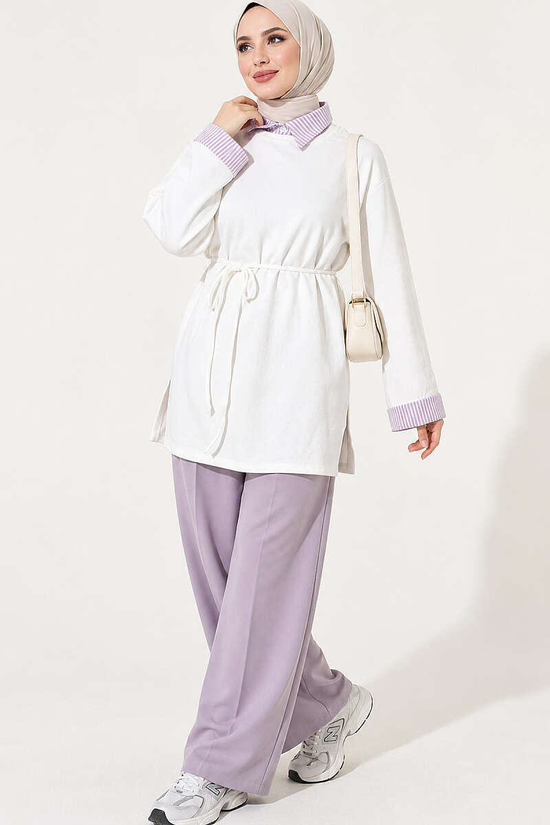 Striped Shirt-Layered Basic Tunic - Ecru