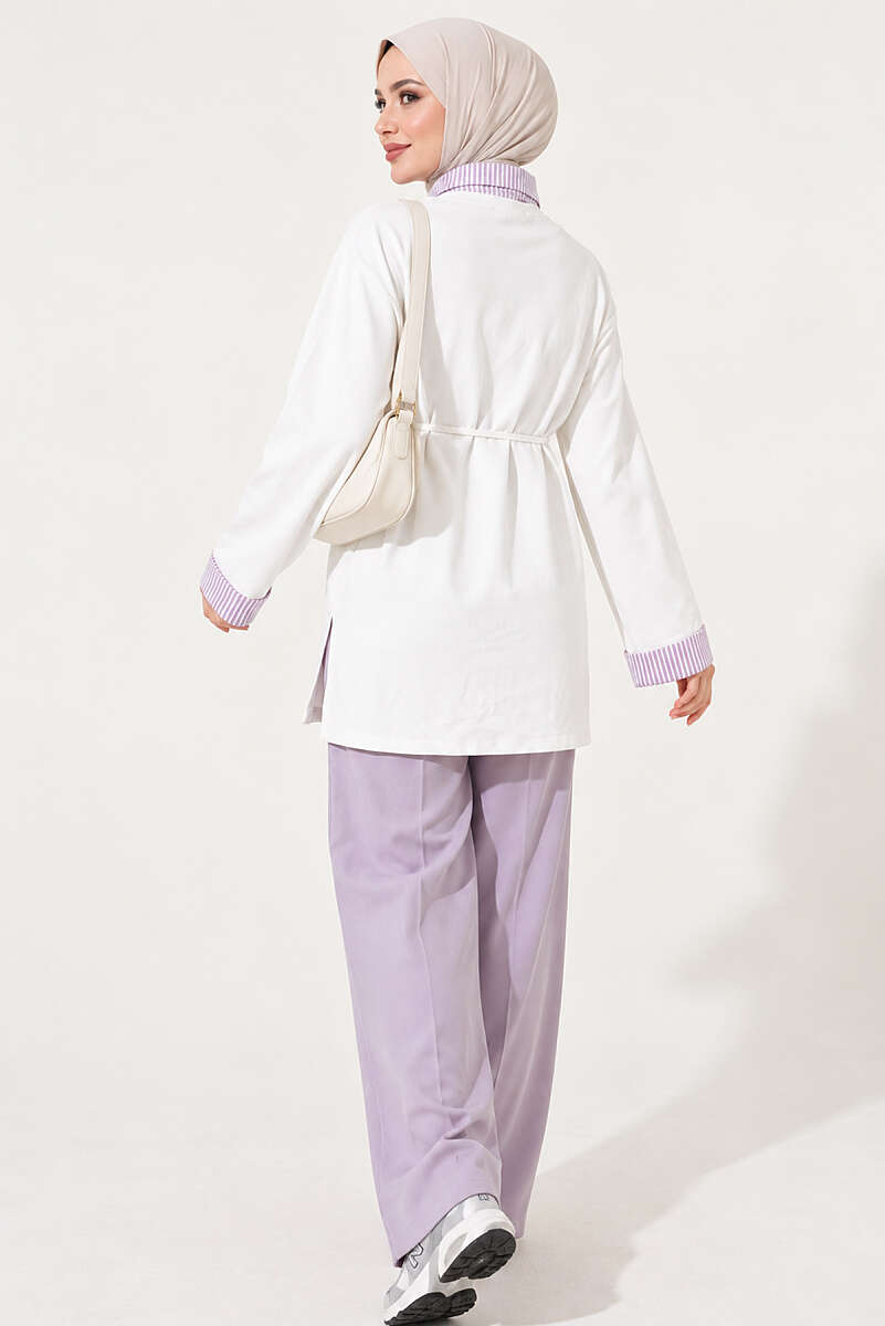 Striped Shirt-Layered Basic Tunic - Ecru