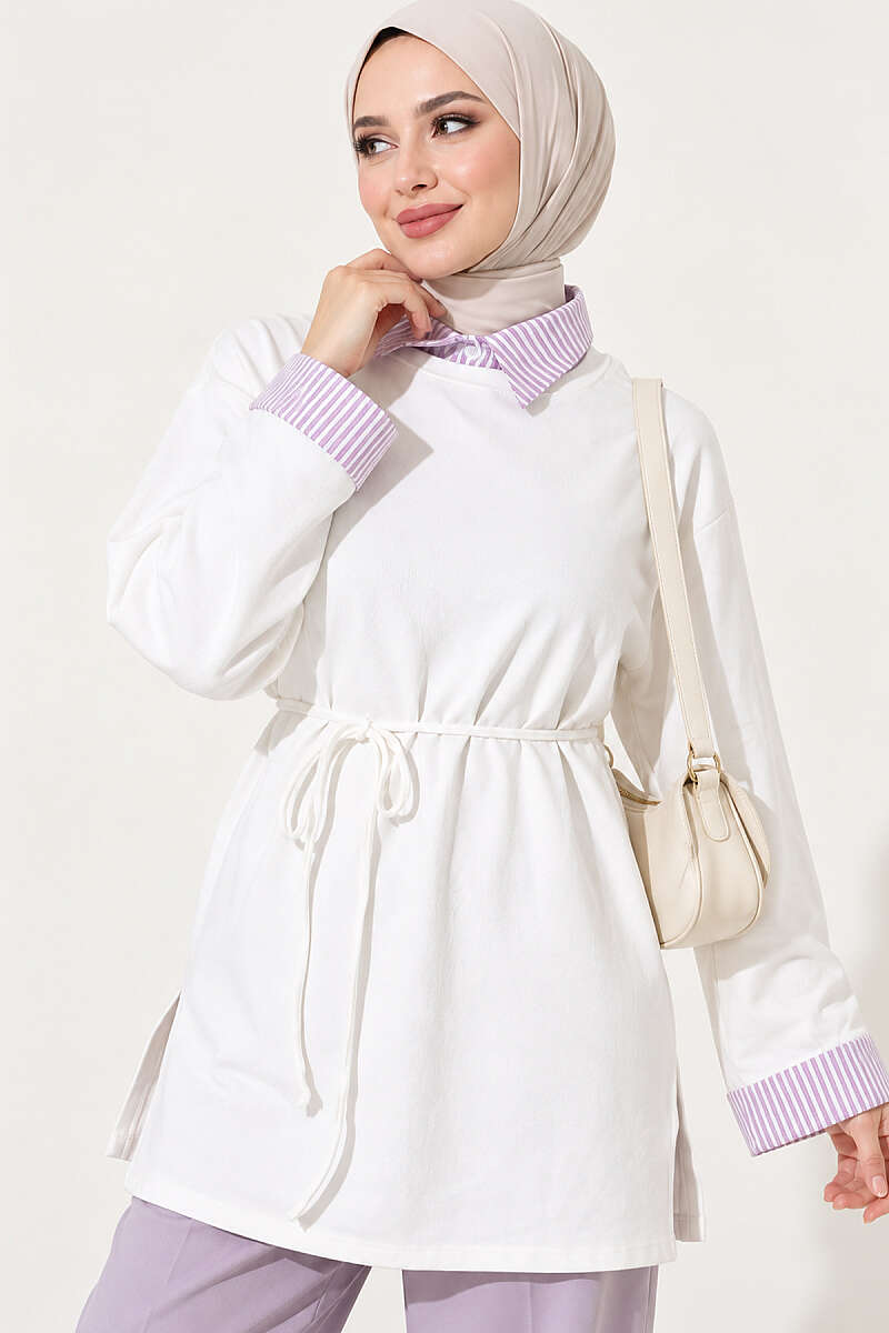 Striped Shirt-Layered Basic Tunic - Ecru