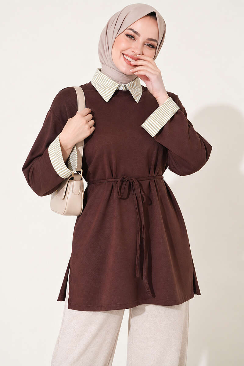 Striped Shirt-Layered Basic Tunic - Brown